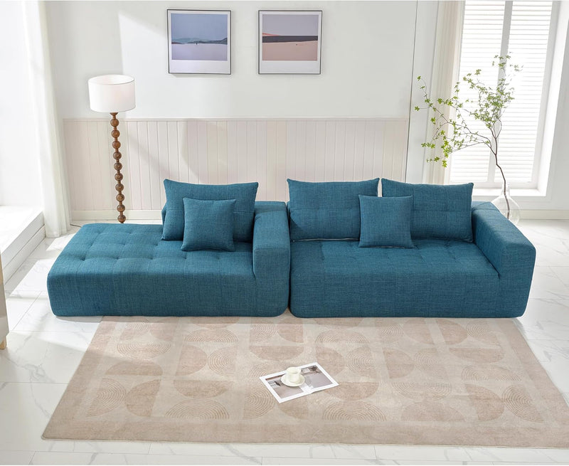 110" Cloud Modular Sectional Sofa, Linen L-Shape Freedom Combination Sofa with Reversible Chaise, Comfy Deep Seat Floor Living Room Sofa Couch with 3 Pillows for Apartment Office (Blue)