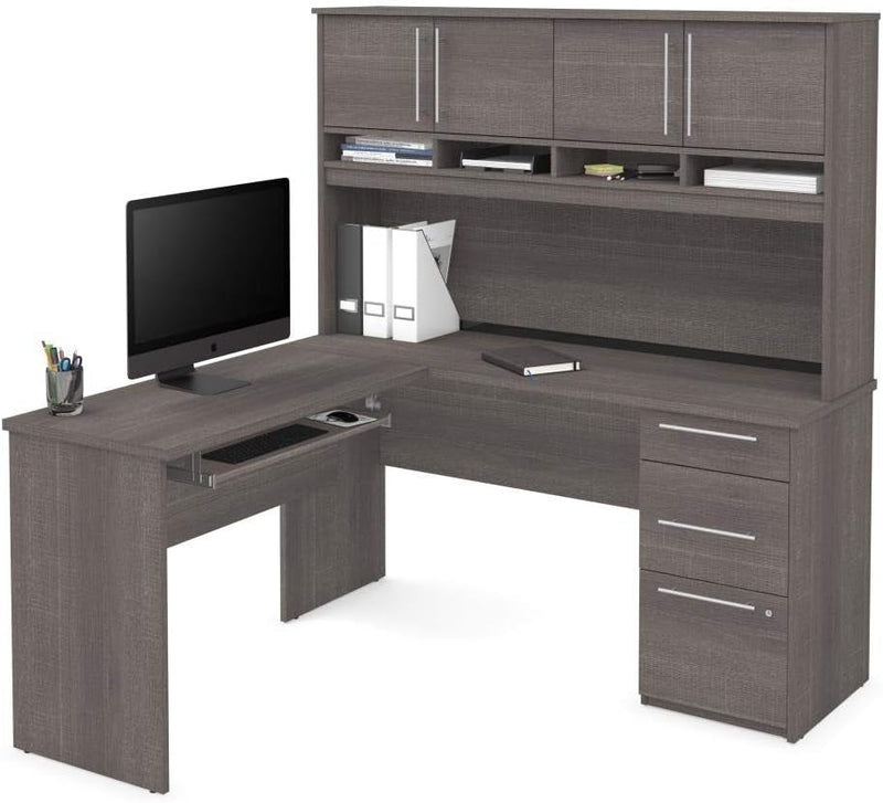 Bestar Innova L-Shaped Desk with Hutch, 60W, Bark Grey
