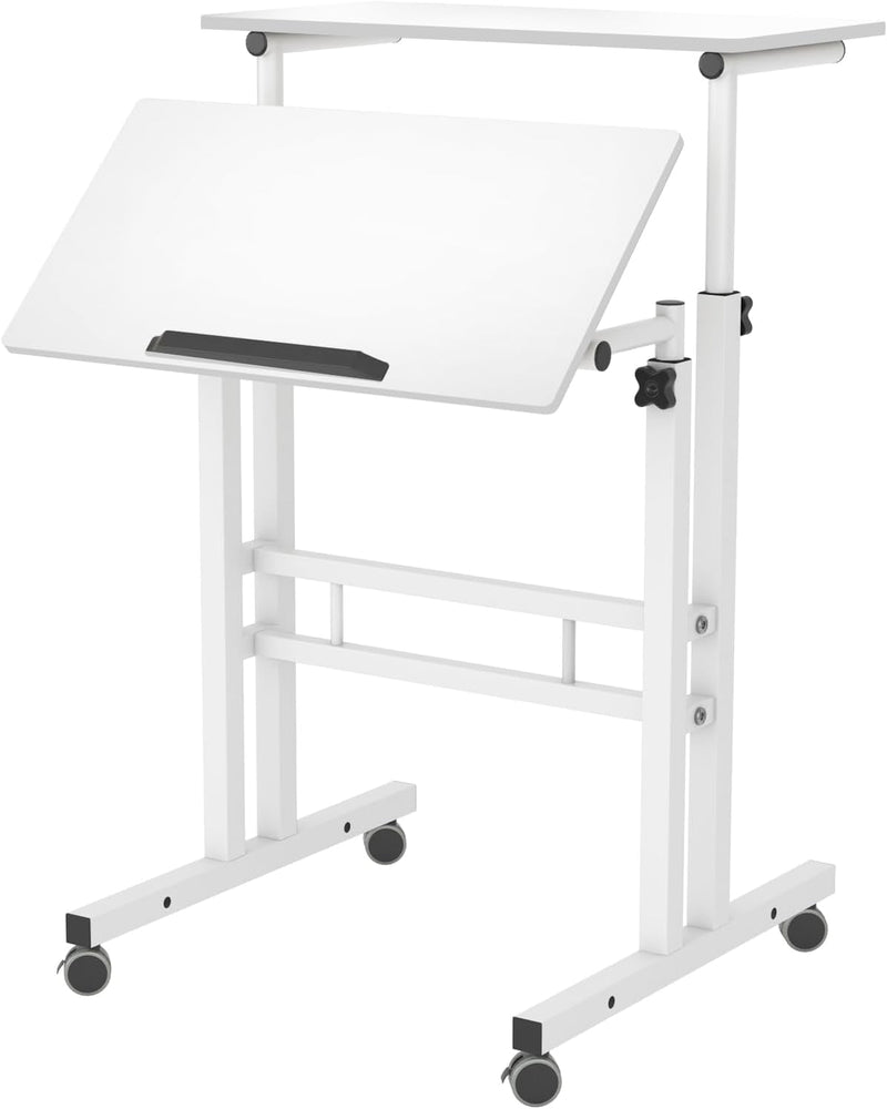 Dlandhome Mobile Standing Desk Stand up Desk Rolling Desk, Stand Sit Desk Mobile Computer Desk Adjustable Standing Desk 23.6Inches Table Workstation Mobile Desk Cart Tray White