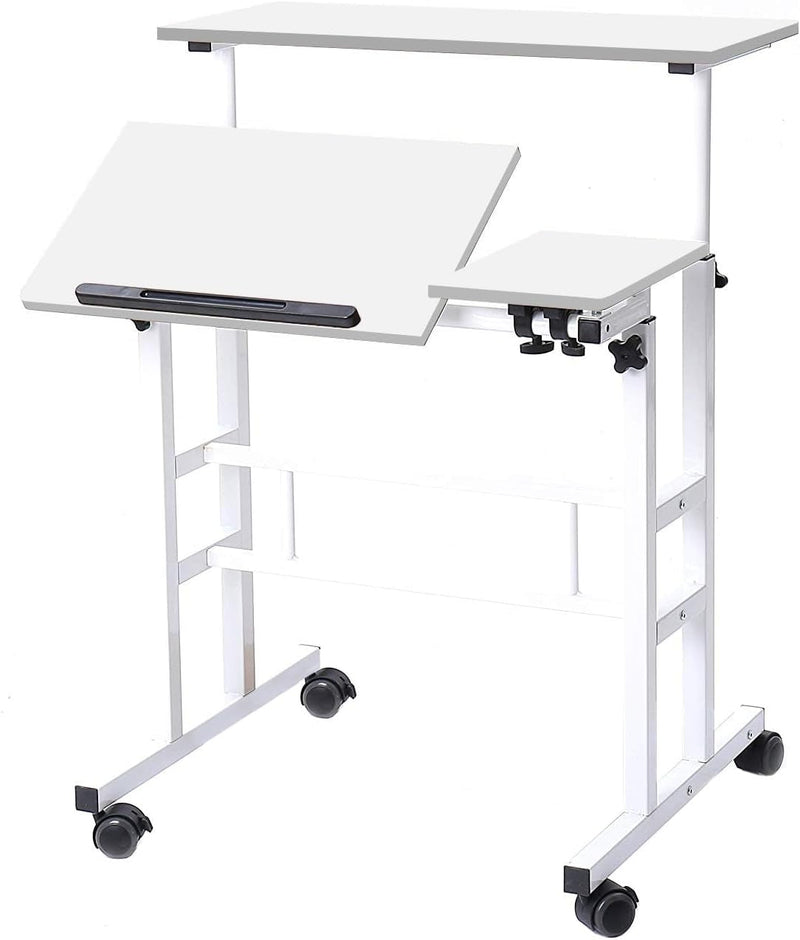 Dlandhome Adjustable Rolling Desk Standing Desk, Sit-Stand Desk Cart Mobile Computer Desk Stand up Desk Office Desk Riser Standing Table Workstation Mobile Desk, White