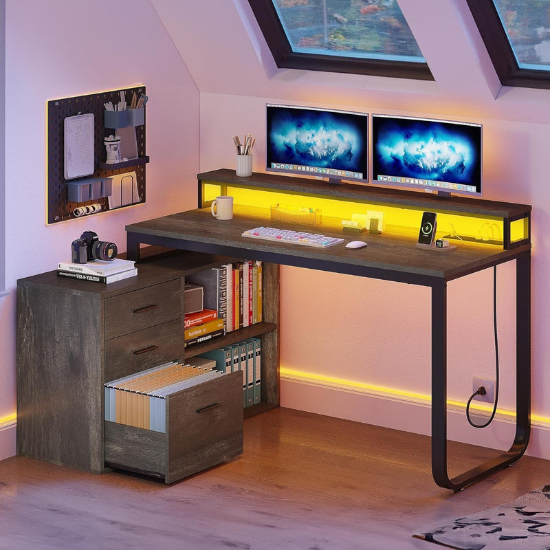 DWVO L Shaped Desk with Drawers, 55" Corner Computer Desk with Power Outlets & LED Lights, Home Office Desk with File Cabinet, Grey