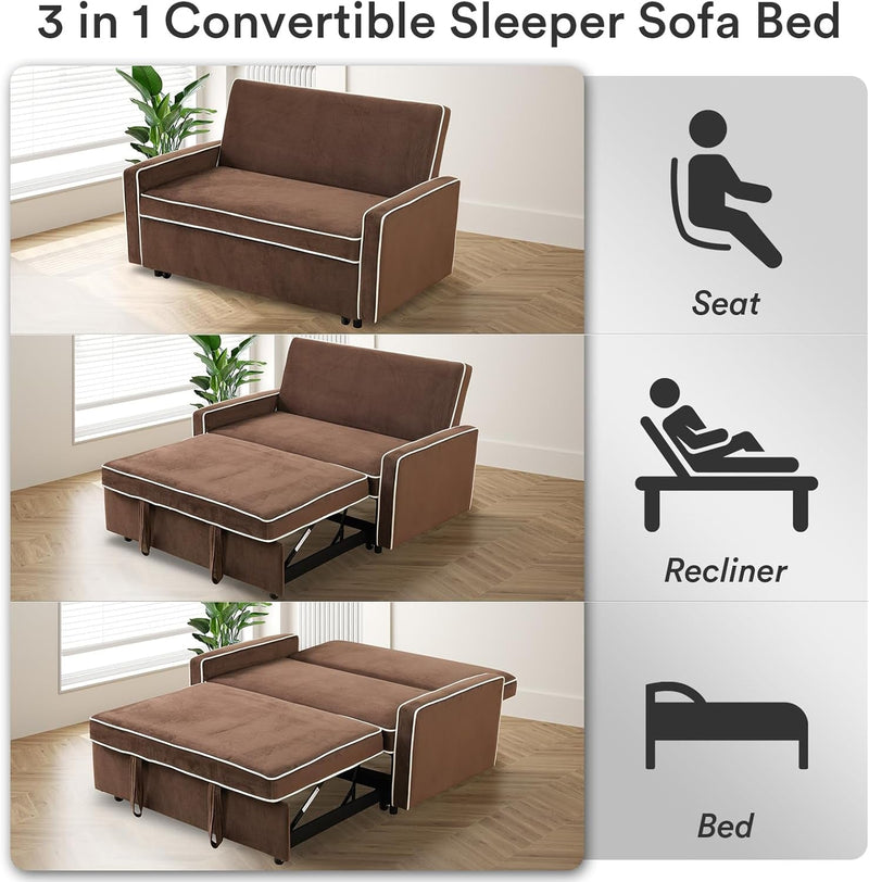 3 in 1 Convertible Sleeper Sofa Bed Pull Out Couch Futon Loveseat Velvet Chaise Lounge with 2 Pockets and 2 Pillows for Living Room, Coffee