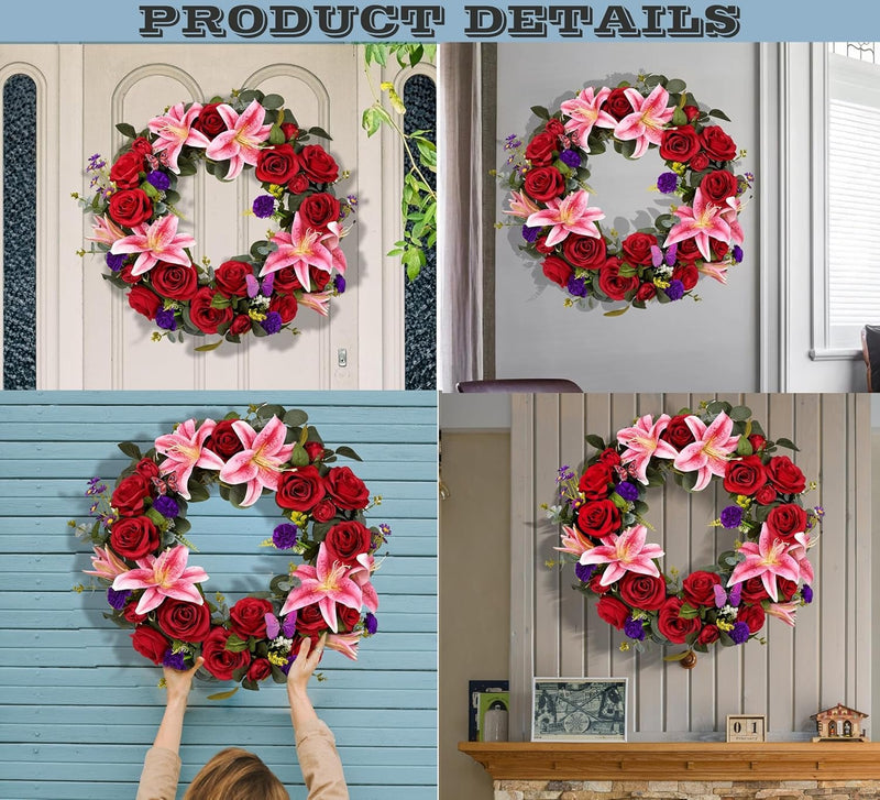 Cemetery Wreaths for Graves with 30 Inch Easel Stand,Handmade Headstone Wreath Flower with Hanger, Artificial Rose Lily Daisy and Carnation,Red/Pink