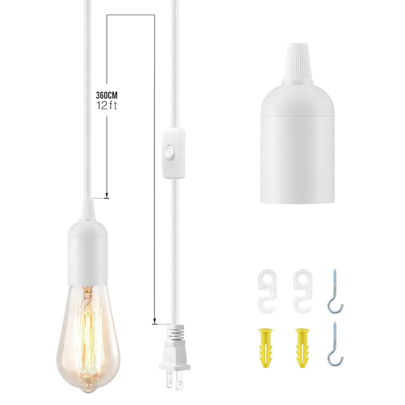 2Pack Plug in Hanging Light Kit, E26/E27 Vintage Hanging Lights with Plug in Cord, Retro Pendant Light Kit, 12FT Cord with On/Off Switch UL Listed, Plug in Pendant Light Cord for Hanging Light, White