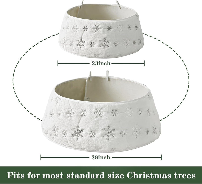 Faux Fur Christmas Tree Collar: Rustic White Luxury Plush Fur Christmas Tree Collars with Sliver Snowflake Sequins Pattern, Size Adjustable Modern Xmas Tree Skirt for Christmas Home Décor