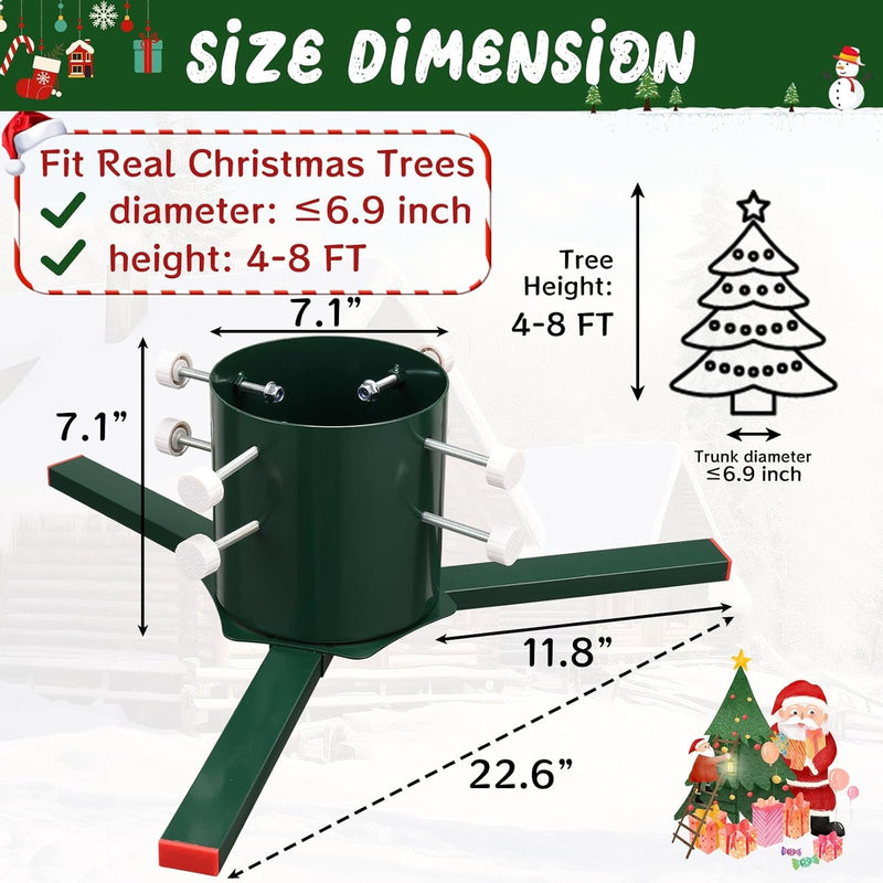 Christmas Tree Stand for Real Trees, Heavy Duty Metal Live Christmas Tree Stand, Universal Adjustable Replacement Xmas Tree Base Holder for Fresh Tree 4-8Ft, Fit Trunk Diameter up to 6.9 Inch Green