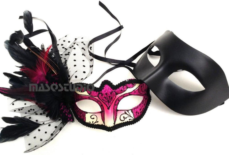 Couple Fuchsia Hot Pink Masquerade Ball Mask Pair Feather Birthday Quinceanera Party Prom (Feather Mask Only)