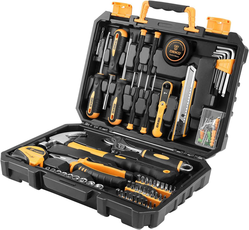 DEKOPRO 100 Piece Tool Set,General Household Hand Tool Kit,With Plastic Toolbox Storage Case for Handyman,Home Maintenance