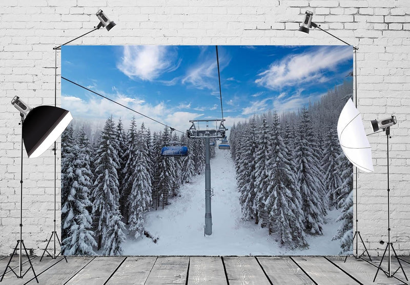 BELECO 8X6Ft Fabric Winter Ski Resort Backdrop Snowy Mountain Cableway Station Fir Trees Background Winter Theme Kids Birthday Party Decor Photo Studio Props