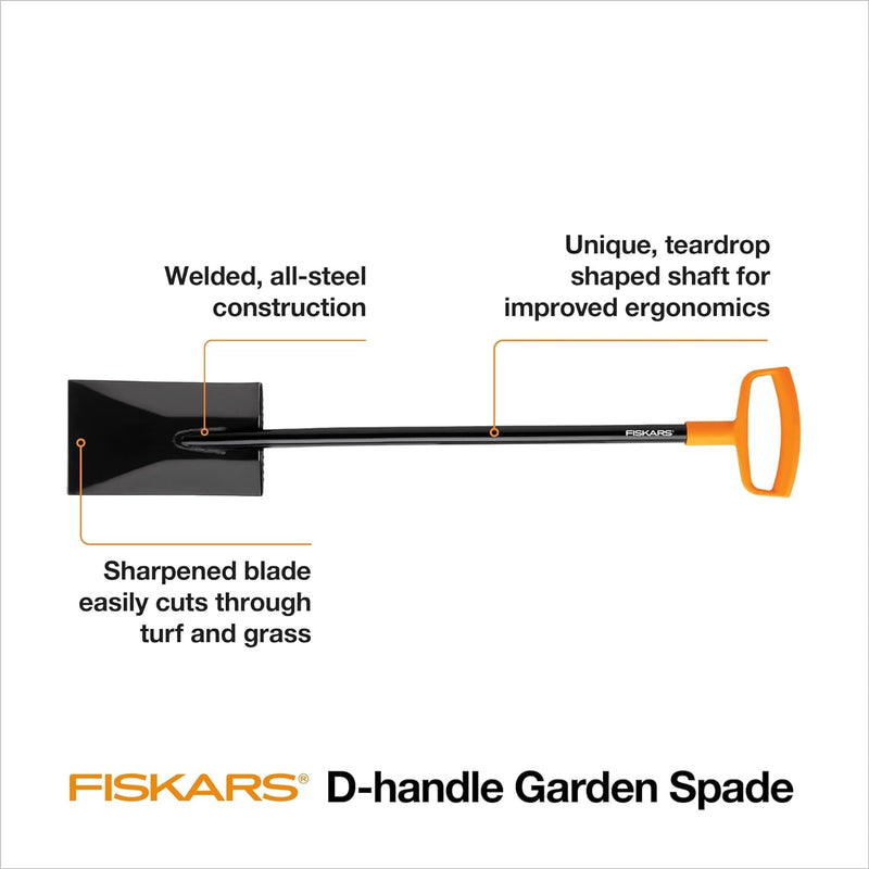 Fiskars 46" Spade Garden Shovel - Steel Flat Shovel with Ergonomic D-Handle - Sharp Blade Square Shovel for Lawn Edging, Digging, Pruning - Heavy Duty Yard Tool - Easy Cuts in Grass and Turf