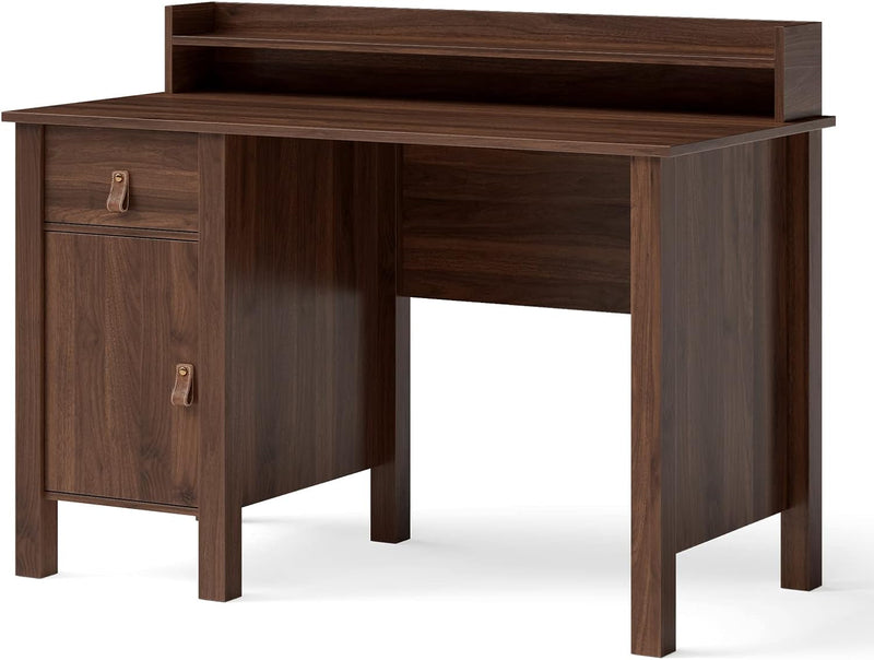 Computer Desk with Hutch, Modern Office Desk with Drawer and Cabinet, Wooden Writing Desk for Home Office, Small Computer Desk for Small Spaces (Brown)