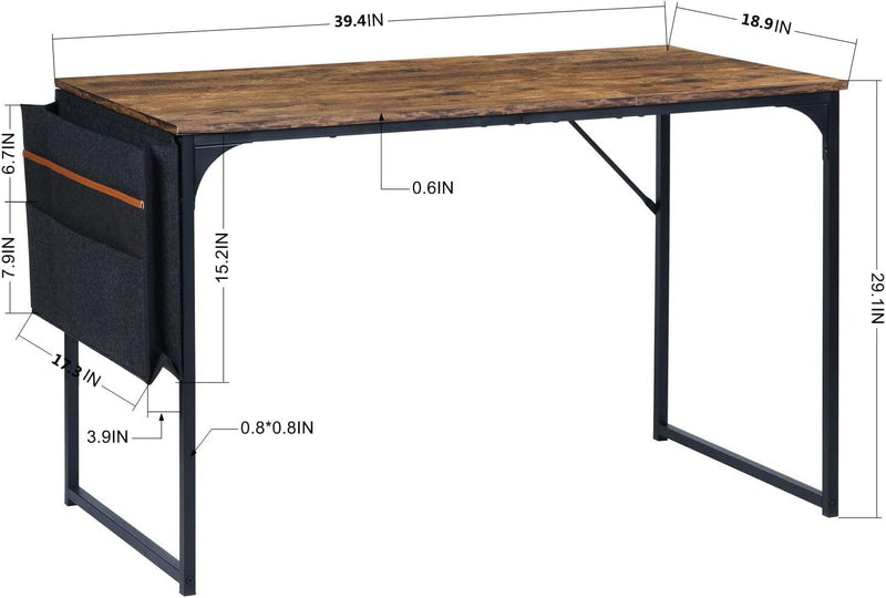 Furniturer 39.4 Inch Small Study Writing Table with Storage Bag Space Saving for Home Office, Modern PC Metal Frame Computer Desk, Brown