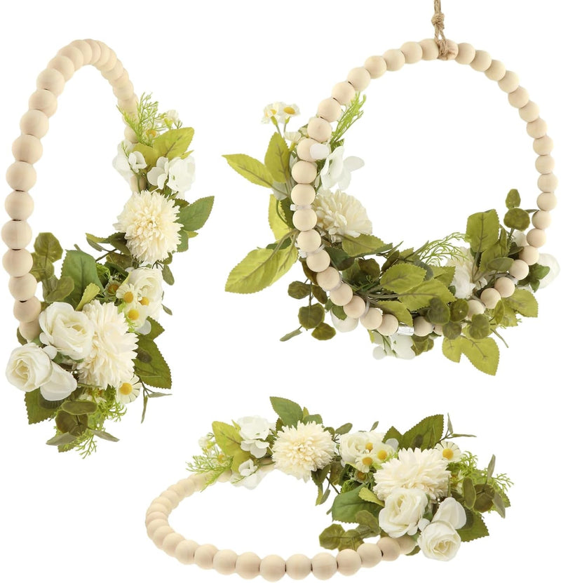 Fenteer Wedding Artificial Flower Wreath Wood Bead Garland Door Hanging Wooden Beads Hoop Decor for Holiday Valentine'S Day Party Wedding Wall Home Decor, White