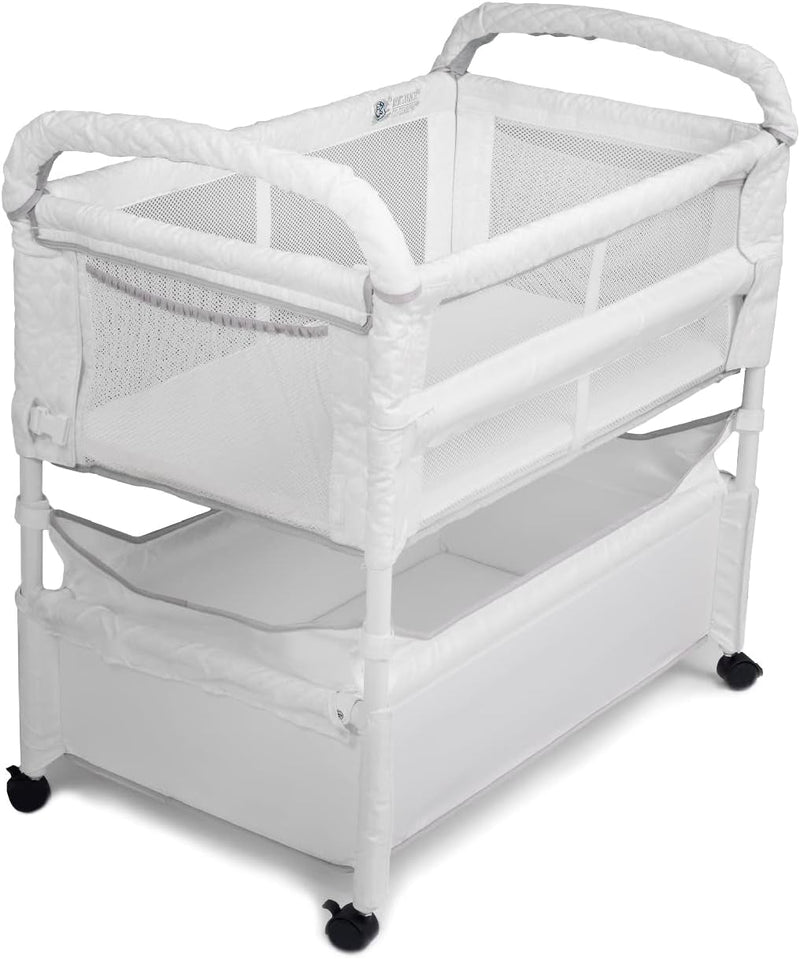 Arm’S Reach Clear-Vue Co-Sleeper Bedside Bassinet Featuring Clear Mesh Panels with Fold-Down Side, Large Attached Storage Basket, 4 Wheels, and Height-Adjustable Legs, Gray