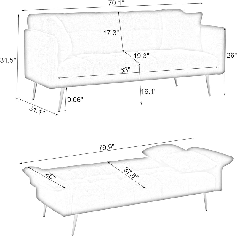 Convertible Futon Sofa Bed with Adjustable Backrest & Armrests, Metal Legs, Teddy Velvet Folding Recliner Tufted Loveseat Living Room Furniture for Small Spaces, Bedroom, Apartment, Office