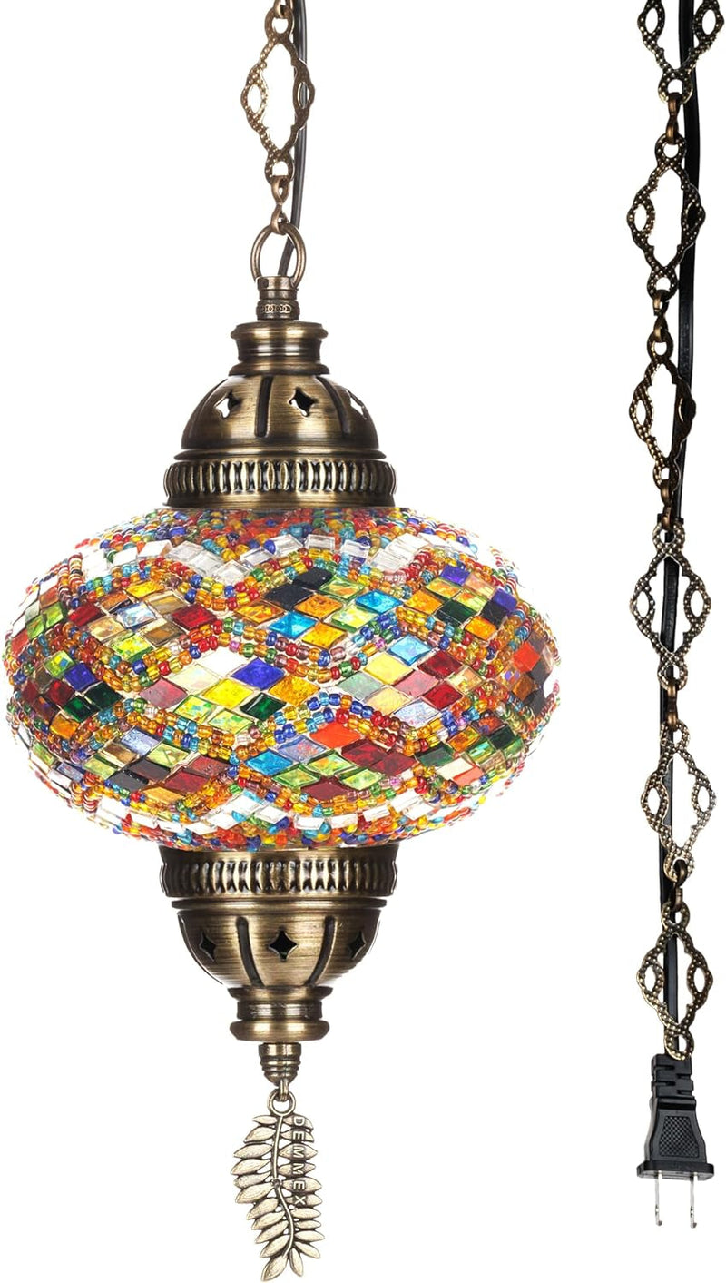 DEMMEX Authentic Turkish Plug in Pendant Light, 6.5" Big Size Globe, Made in Turkey, Turkish Moroccan Mosaic Ceiling Hanging Pendant Light Fixture Lamp, Swag Plug in with 15Ft Cord and Chain