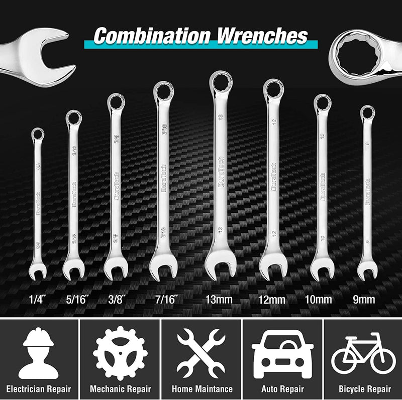 DURATECH 138-Piece Mechanics Tool Set, Standard (SAE) and Metric Polished Chrome Sockets Set with Hard Case