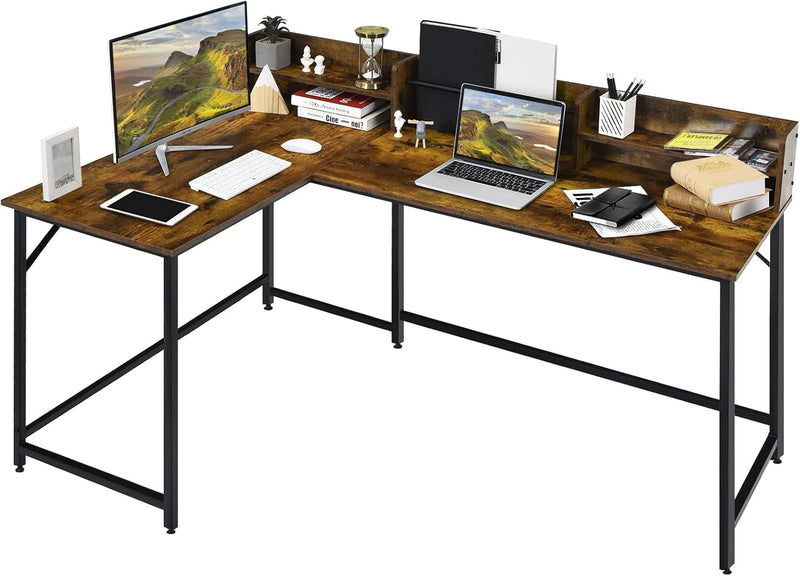 COSTWAY L-Shaped Computer Desk with Hutch, Space-Saving Corner Computer Desk with File Rack & 2 Shelves, 66.5” Industrial Table with Heavy-Duty Steel Frame, for Home Office Study Room (Rustic Brown)