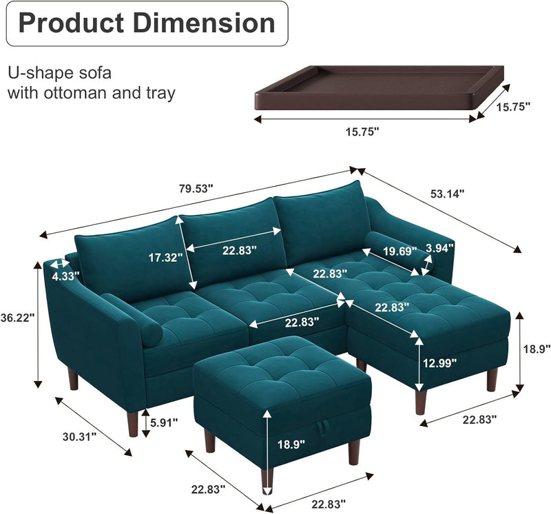 Belffin Velvet Convertible Sectional Sofa Couch Modern U Shaped Sofa with Chaise 4 Seat Sectional Sofa with Reversible Storage Ottoman for Small Spaces Peacock Blue