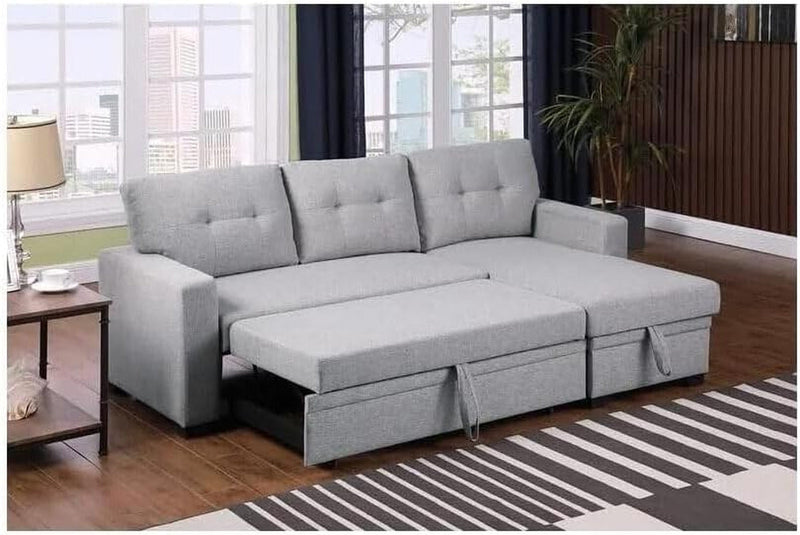 City Chic L-Shaped Polyester Fabric Reversible, Easy Convertible Pull-Out Sleeper Sectional Sofa/Storage Chaise with Tufted Back Cushions and Track Arms - Light Gray