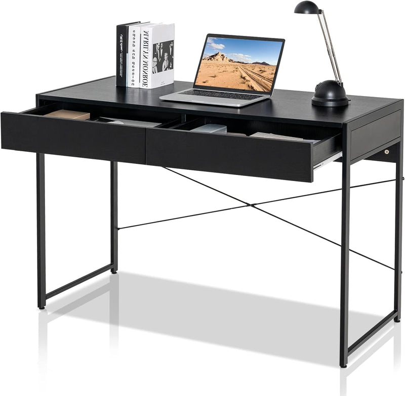 Computer Desk with 2 Drawers, 44” × 19” × 24.5” Work Desk for Home Office, Study Writing Desk with Steel Frame & Back Reinforcement, PC Workstation Table for Bedroom, Study (Black)