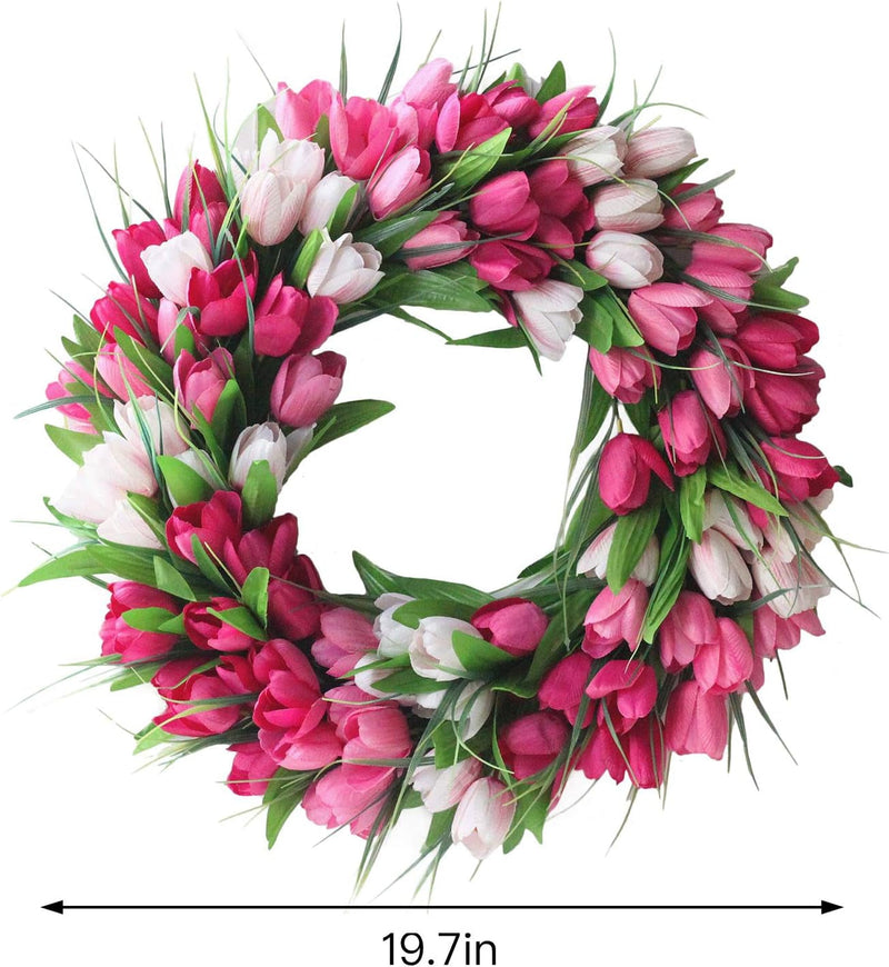 19.7 Inches Artificial Tulip Flower Wreaths Pink Tulip Front Door Wreath Fake Flower Wreaths for Spring, Summer, Winter, Home, Wedding, 210106QY01-31-1716178281