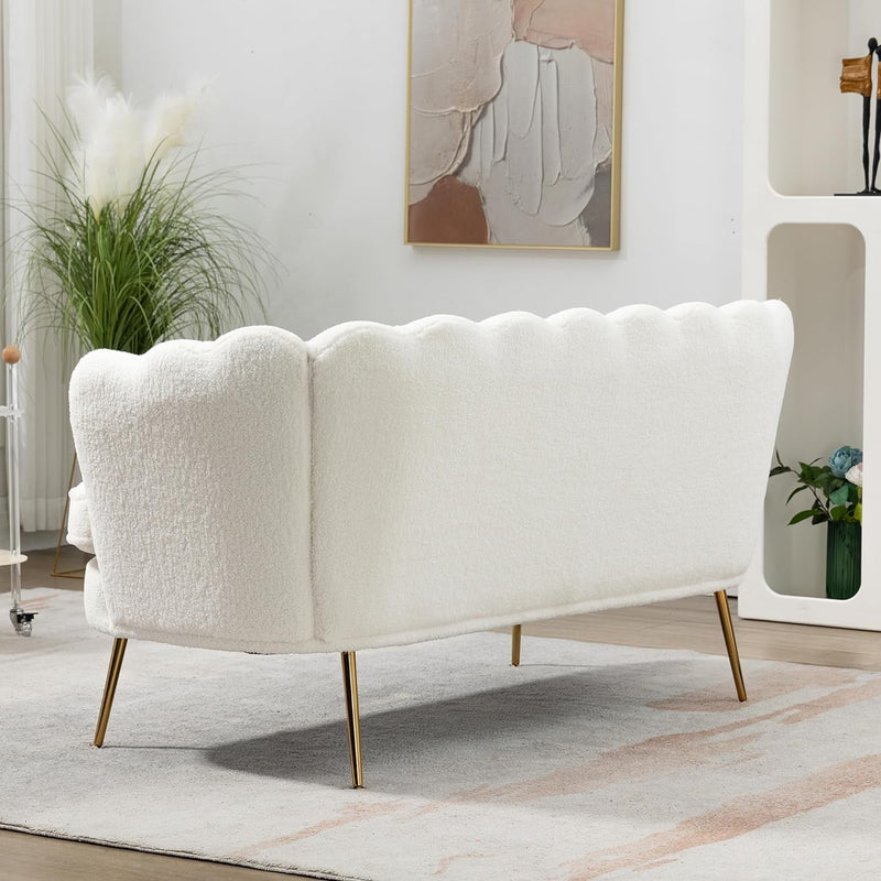 Boucle Teddy Fabric Small Loveseat Sofa with Gold Metal Legs, 59” Modern 2 Seater Sofa with Flower Backrest, Couch for Living Room Bedroom Office (Ivory White)