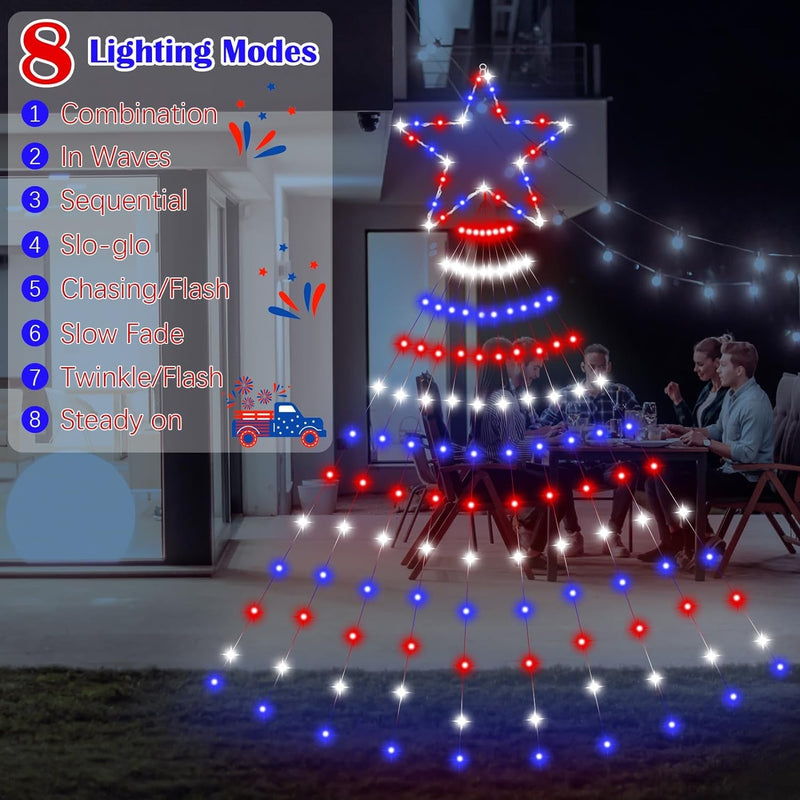 12Ft 4Th of July Decor Light 357 LED 8 Modes Plug in Curtain Lights Red White and Blue String Lights Patriotic Star Light for Independence Day Indoor Outdoor Veterans Memorial Day Party Decor