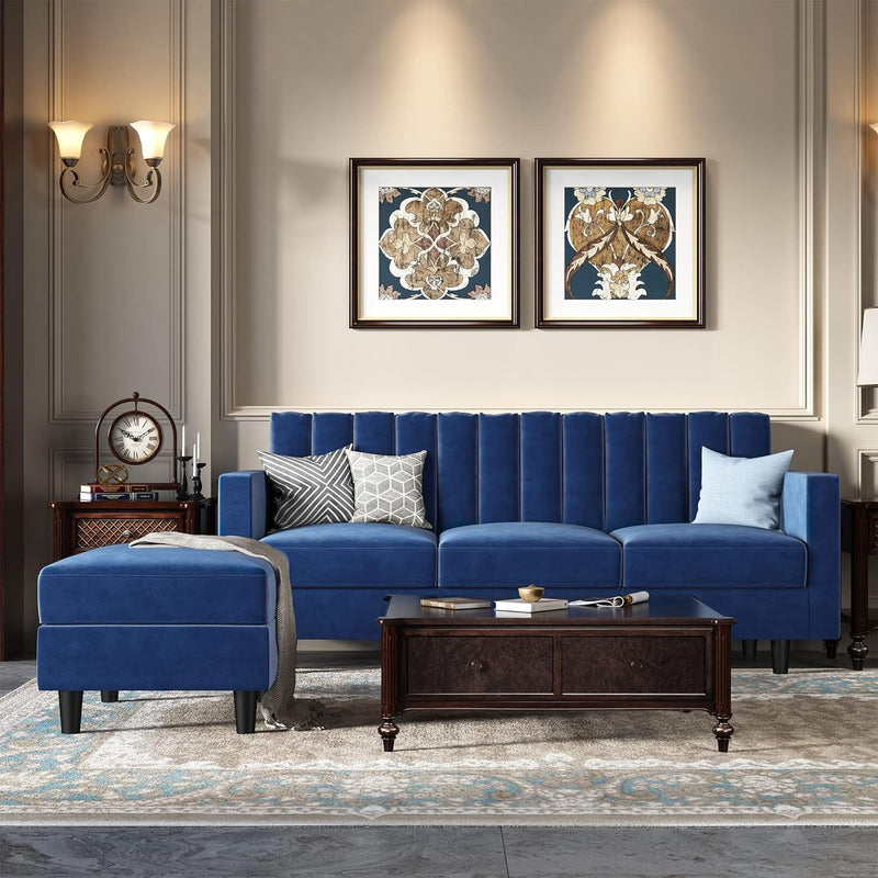 HONBAY Convertibel Sectional Couch for Small Space, L Shaped Couch with Reversibel Chaise, Velvet Sectional Sofa, Pet-Friendly Sectional Couch, Blue