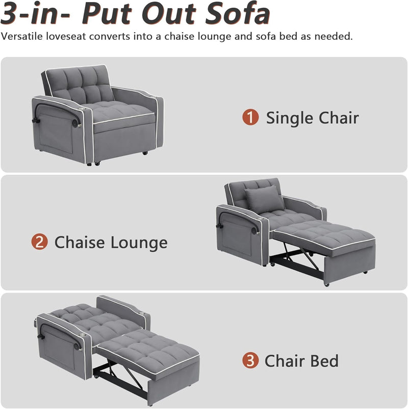 Convertible Chair Bed, Modern Velvet Sofa Chair Sleeper Bed with USB Ports & Cup Holders, Adjustable Backrest Single Lounge Armchair with Phone Holder for Living Room Bedroom, Dark Gray