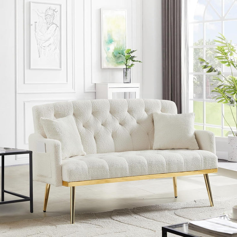 Antetek Upholstered Loveseat Sofa, Modern Small Sofa Couch with Side Pocket and Golden Metal Legs, Tufted Leisure Sofa for Living Room, Bedroom, Office, Cream White Teddy