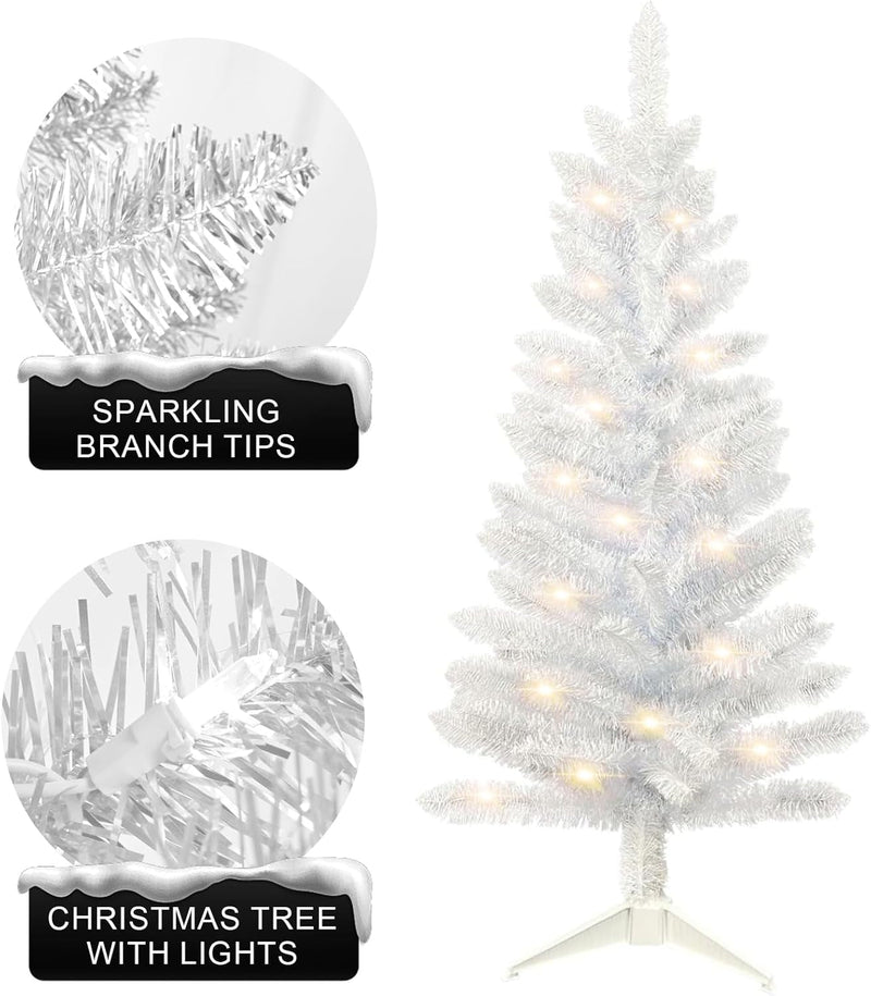 3FT Pre-Lit Artificial Mini Christmas Tree, Premium Small Fake Christmas Tree with String Lights for Home Office Holiday Party Decoration with Foldable Stand, Easy Assembly, White Tinsel