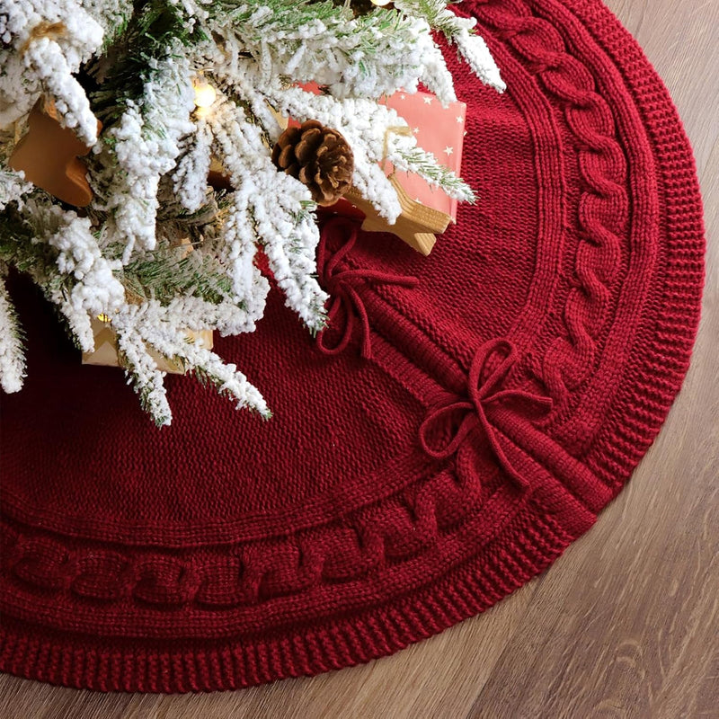 Christmas Tree Skirt 36 Inches: Braided Cable Knit round Wine Red Tree Skirt, Thick Rustic Christmas Tree Decorations Neutral Christmas Decor Christmas Tree Skirts for Xmas Home Party Supplies