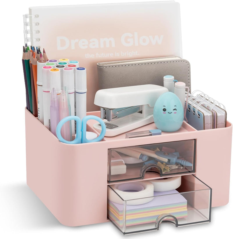 Desk Organizer with 2 Drawer, Multi-Functional Pencil Pen Holder for Desk, Desk Organizers and Storage with 5 Compartments, Desktop Organizer for Office Home Art Supplies (White)