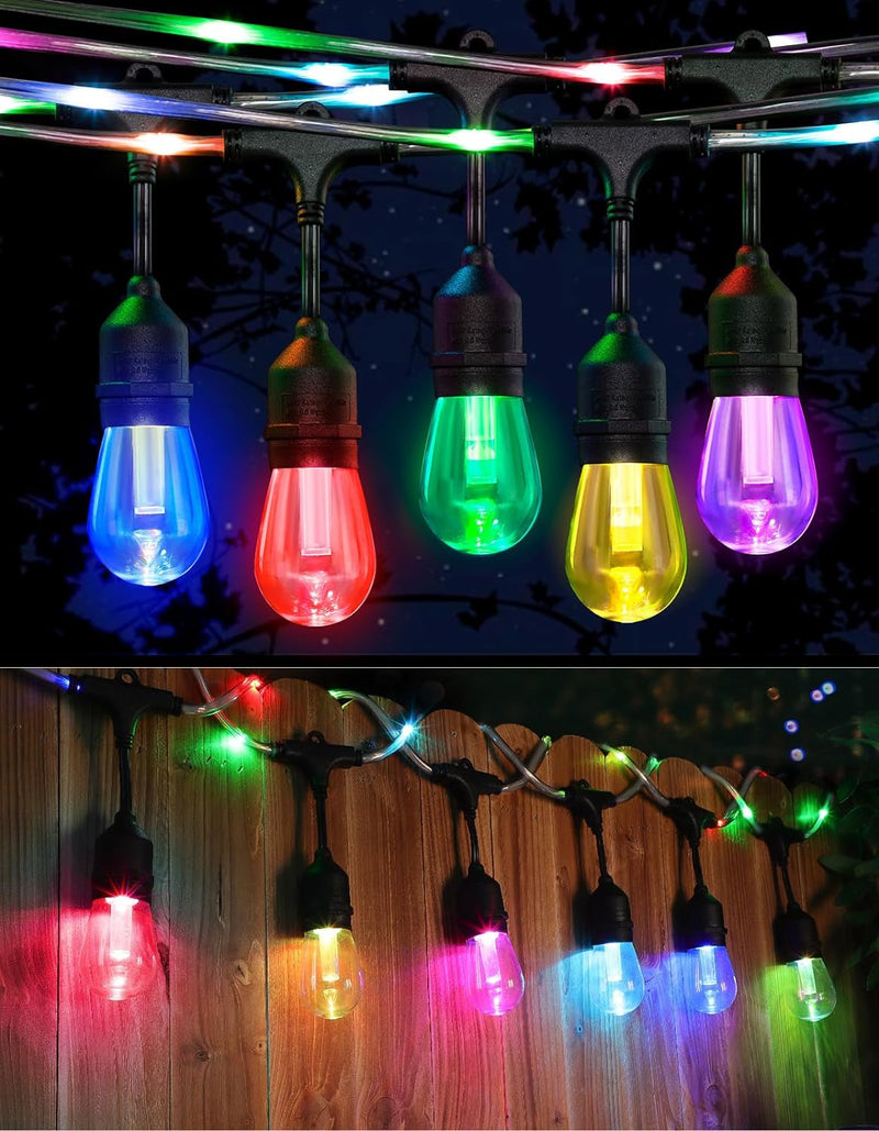 48FT RGB String Lights with Rope Fairy, LED RGB Café Patio Lights Outdoor with Remote, Waterproof Shatterproof Edison String Lights for Garden