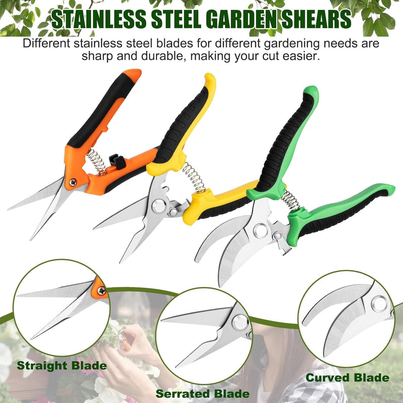 3 Pack Garden Pruning Shears, Stainless Steel Garden Shears, Premium Pruning Shears for Gardening, Handheld Gardening Shears, Garden Scissors with Soft Grip Handle, Plant Garden Clippers Tools