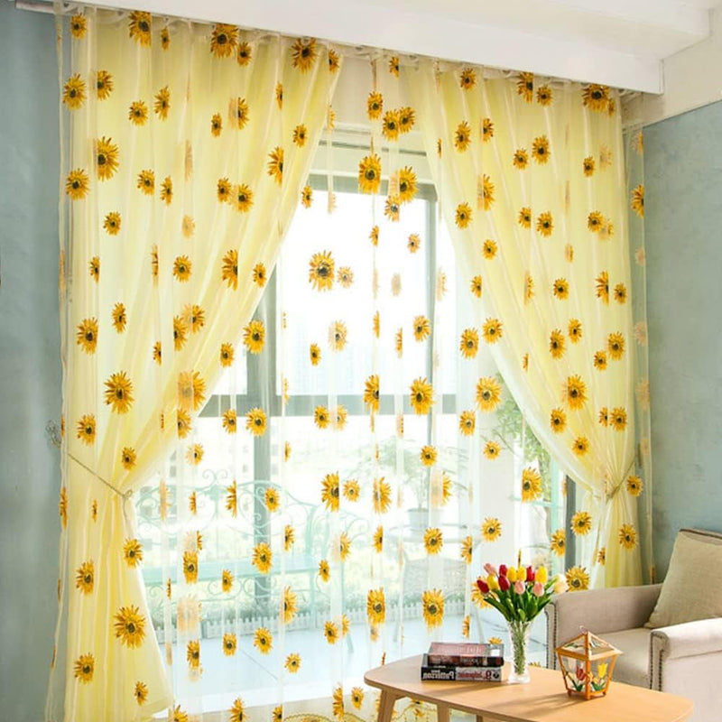 2PCS Sunflower Curtains Yellow Sheer Window Curtains with 2 Curtain Tiebacks Rope for Bedroom Living Room Kitchen Decor, Rod Pocket Window Treatments W39 X L79