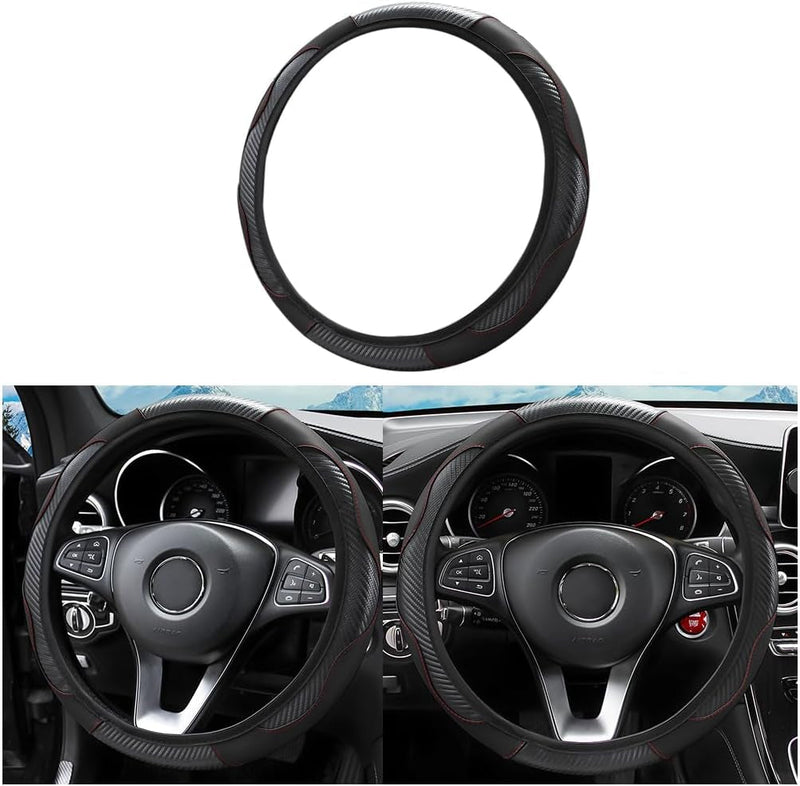 Car Steering Wheel Cover, Microfiber PU Leather Elastic Carbon Fiber Auto Steering Wheel Protector, 15 Inch Breathable Anti-Slip for Women Men, Car Interior Accessories for Most Cars (Black/Red)