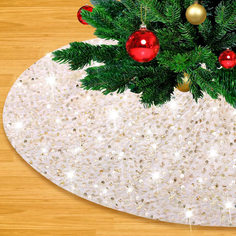 48 Inch Champagne Gold Xmas Tree Skirt Christmas Decorations Velvet Sequin Tree Skirt Cover New Year Party Indoor Holiday Tree Decorations