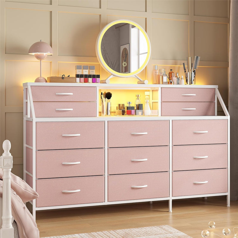 Enhomee 55”W Dresser for Bedroom, Pink Dresser for Girls Bedroom, Dresser with 13 Large Drawer, Dressers & Chests of Drawers, Bedroom Dresser with 2 Shelves, Long Dresser for Closet