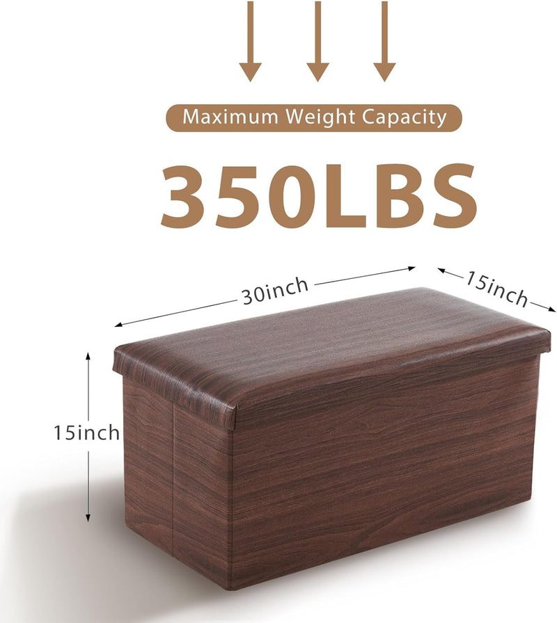 30 Inches Folding Storage Ottoman Bench, 80L Storage Bench for Bedroom and Hallway, Faux Leather Brown Footrest with Foam Padded Seat, Support 350Lbs, Wood Grain Brown