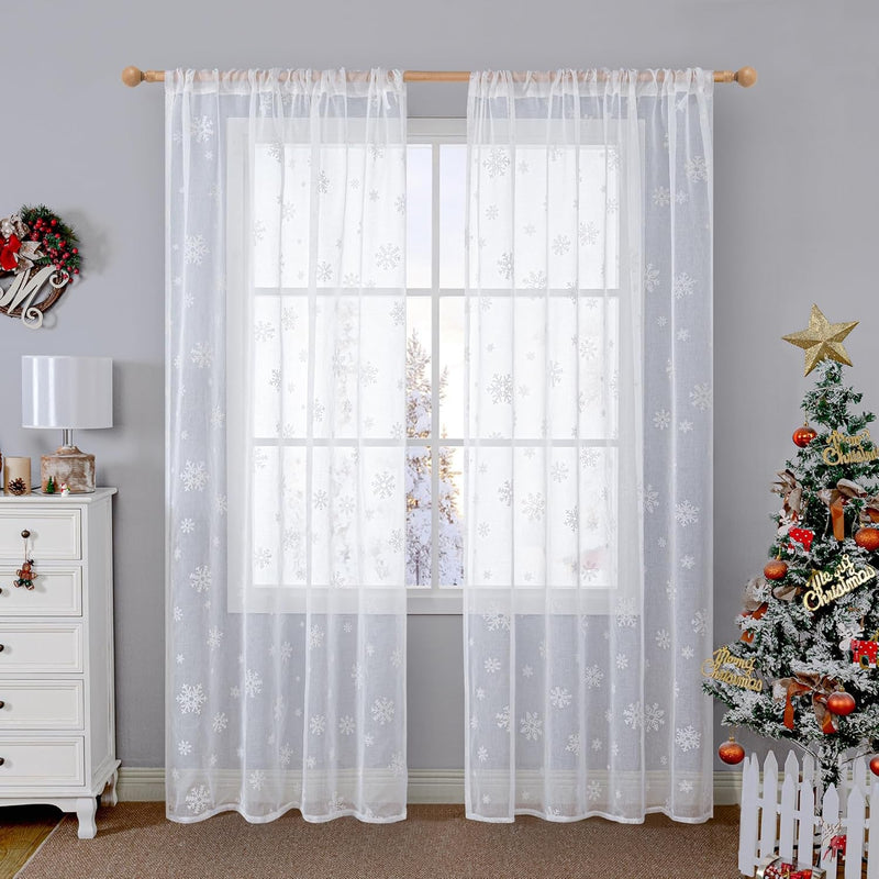 Bgment Christmas Curtains for Living Room 84 Inch Length 2 Panels Set, Snowflake Linen Look Sheer White Curtains Rod Pocket Window Curtains for Dining Room Xmas Holiday Decoration, Set of 52 X 84 Inch