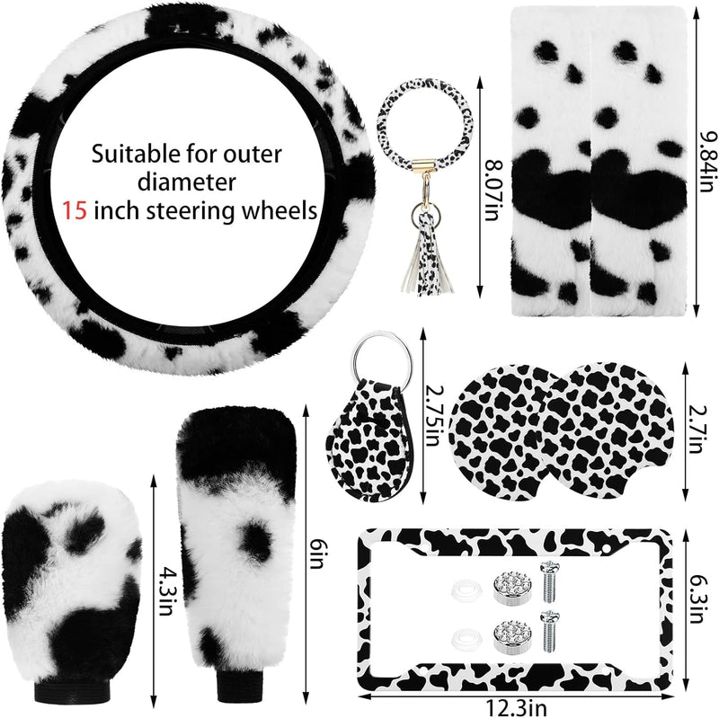 10 Pieces Cow Print Car Accessories Set Cow Fluffy Plush Steering Wheel Cover Shift Cover Handbrake Cover Pad Cup Seat Belt Pad Bracelet Key Chain License Ornament for Women Car Interior(Black)