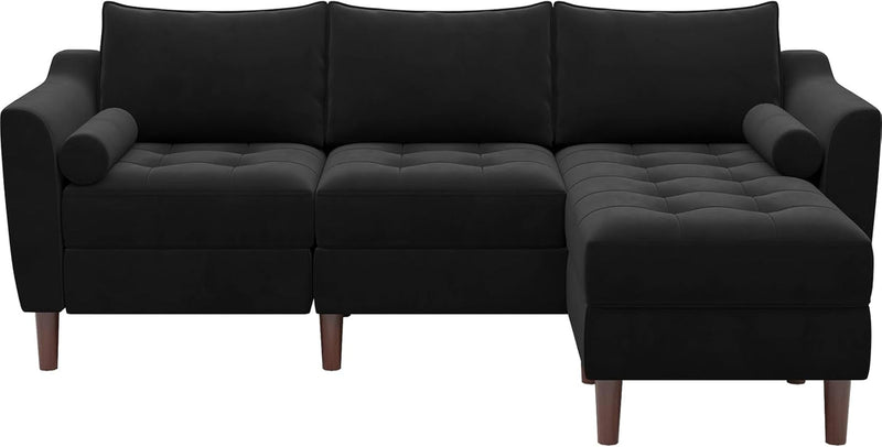 Belffin Black Velvet L Shaped Sectional Couch Small Convertible Couch Sectional Sofa 3-Seater Sofa Sectional with Reversible Chaise Ottoman for Apartment and Small Space
