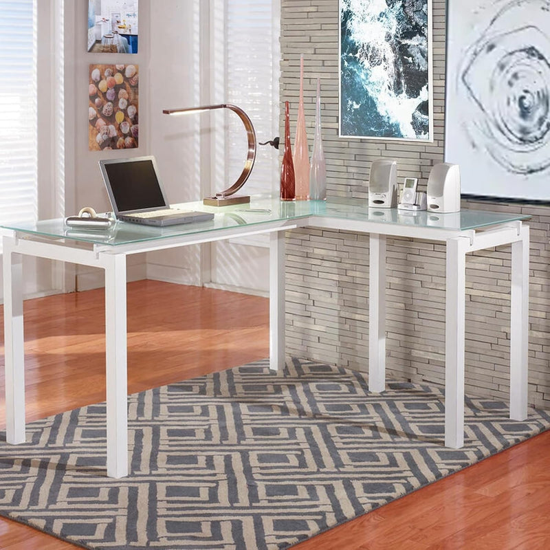 Benjara Benzara Metal L Shape Desk with Frosted Glass Top and Block Legs, White