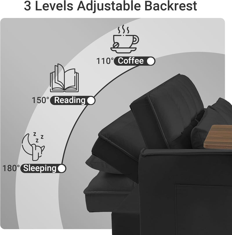 3 in 1 Convertible Couch, Pull Out Sofa Bed with 3-Level Adjustable Backrest, Sleeper Loveseat with Storage and Pillows, Modern Recliner for Living Room Apartment Office, Black