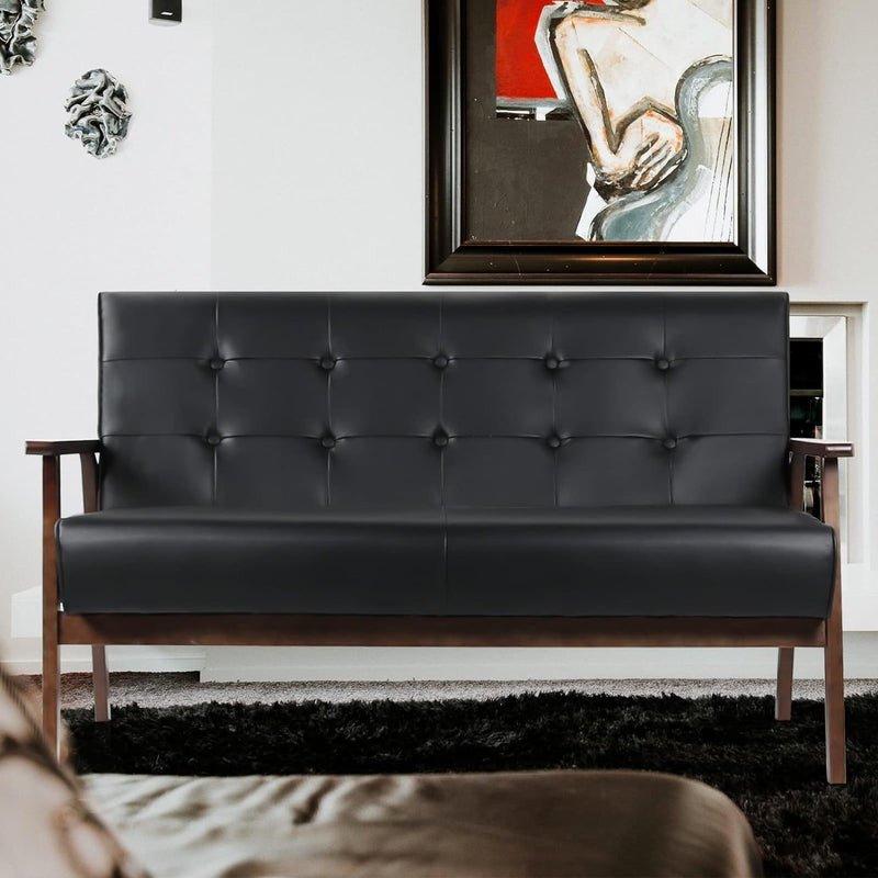 AODAILIHB Modern Leather Wooden Single-Seat Sofa, Accent Armchair Mid-Century Lounge Couch, Durable & Cozy (Black-1, Single)
