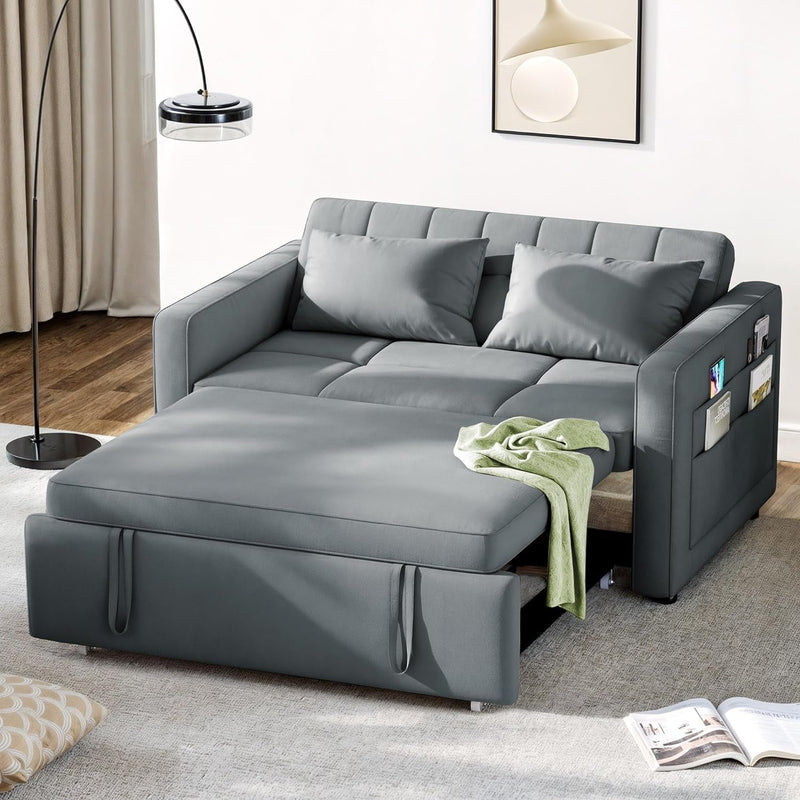 DWVO 55" Convertible Sofa Bed, 3-In-1 Sleeper Sofa with Pull-Out Bed, Velvet Futon Couch with Adjustable Backrest and Side Pocket, Modern Loveseat for Living Room Apartment, Grey, Full Size