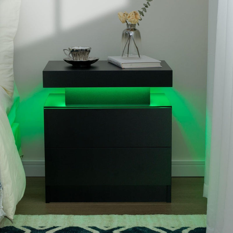 Black Nightstand LED Set of 2 Black Bedside Table LED Night Stand with LED Lights Modern End Side Table with 2 Drawers for Bedroom