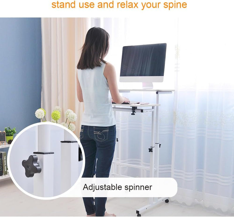 Dlandhome Mobile Standing Desk Stand up Desk Rolling Desk, Stand Sit Desk Mobile Computer Desk Adjustable Standing Desk 23.6Inches Table Workstation Mobile Desk Cart Tray White